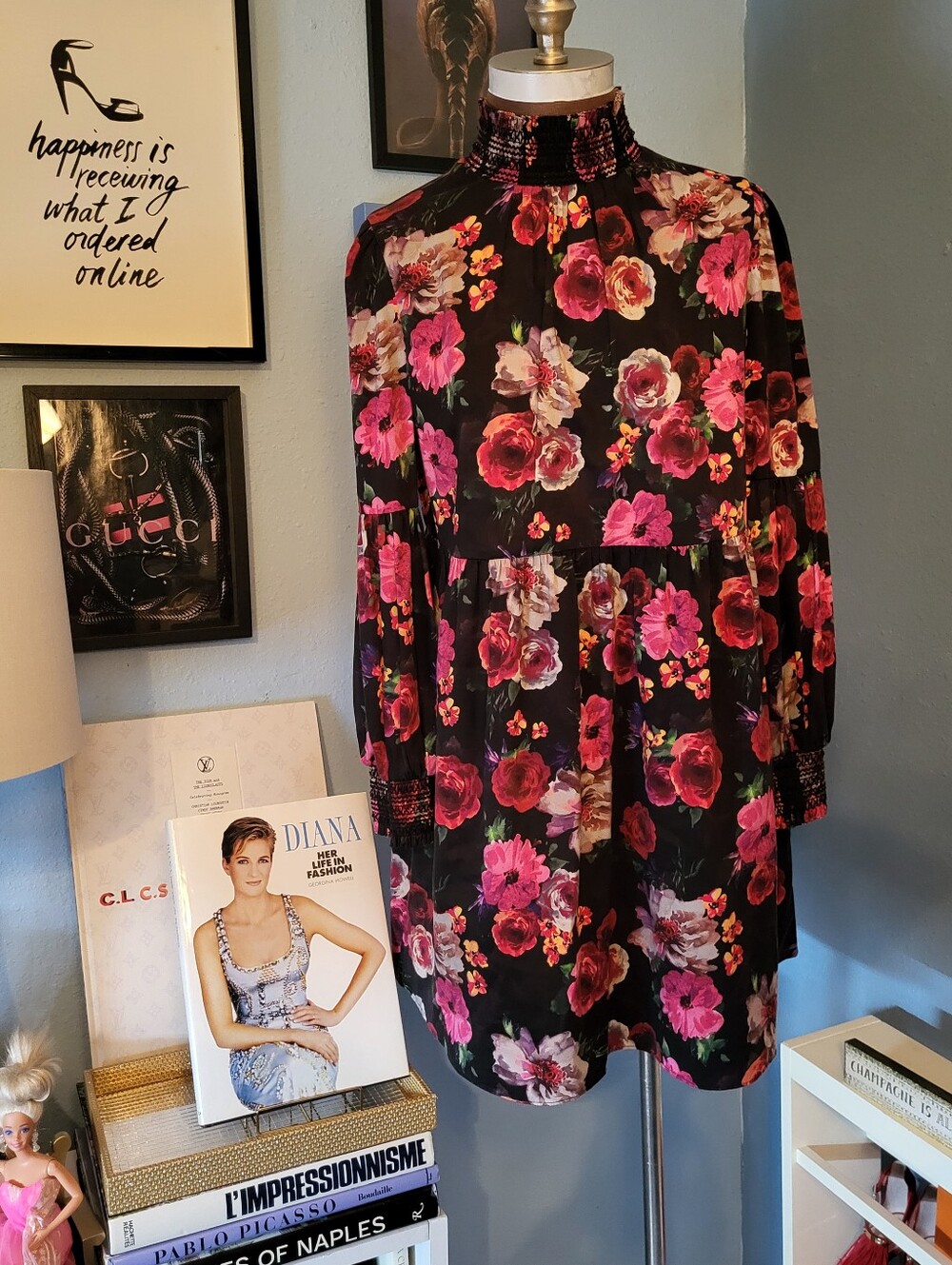 Alice + Olivia Thea Mock Neck Blouson Sleeve Babydoll Dress in  Midnight Rose - Picture 3 of 13